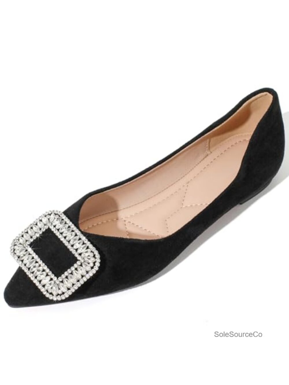 Women's Pointed Toe Rhinestone Ballet Flats, Suede Slip On Dress Shoes for